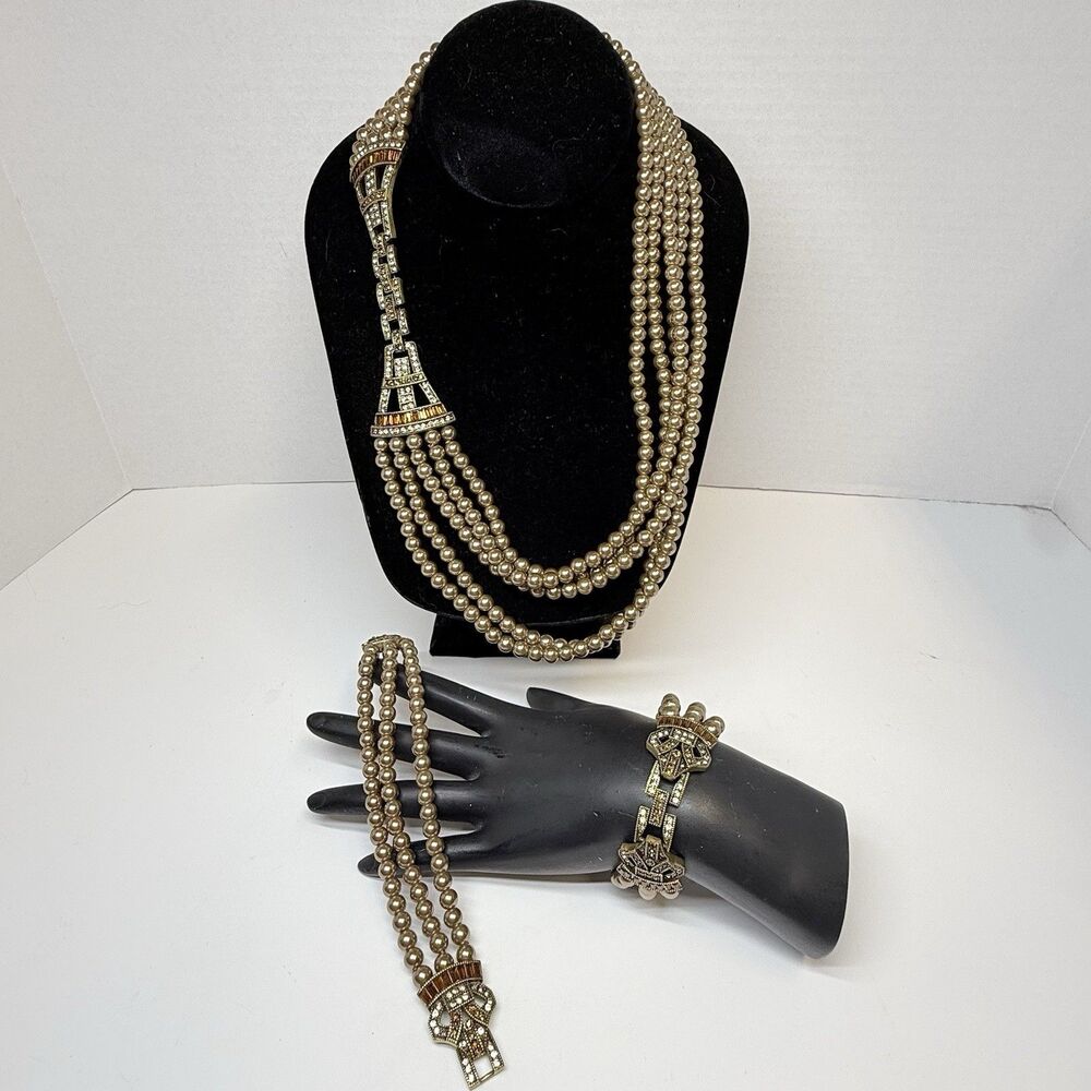 Heidi Daus “Age Of Elegance” Champagne Simulated Pearl Necklace 2 Pair Bracelets